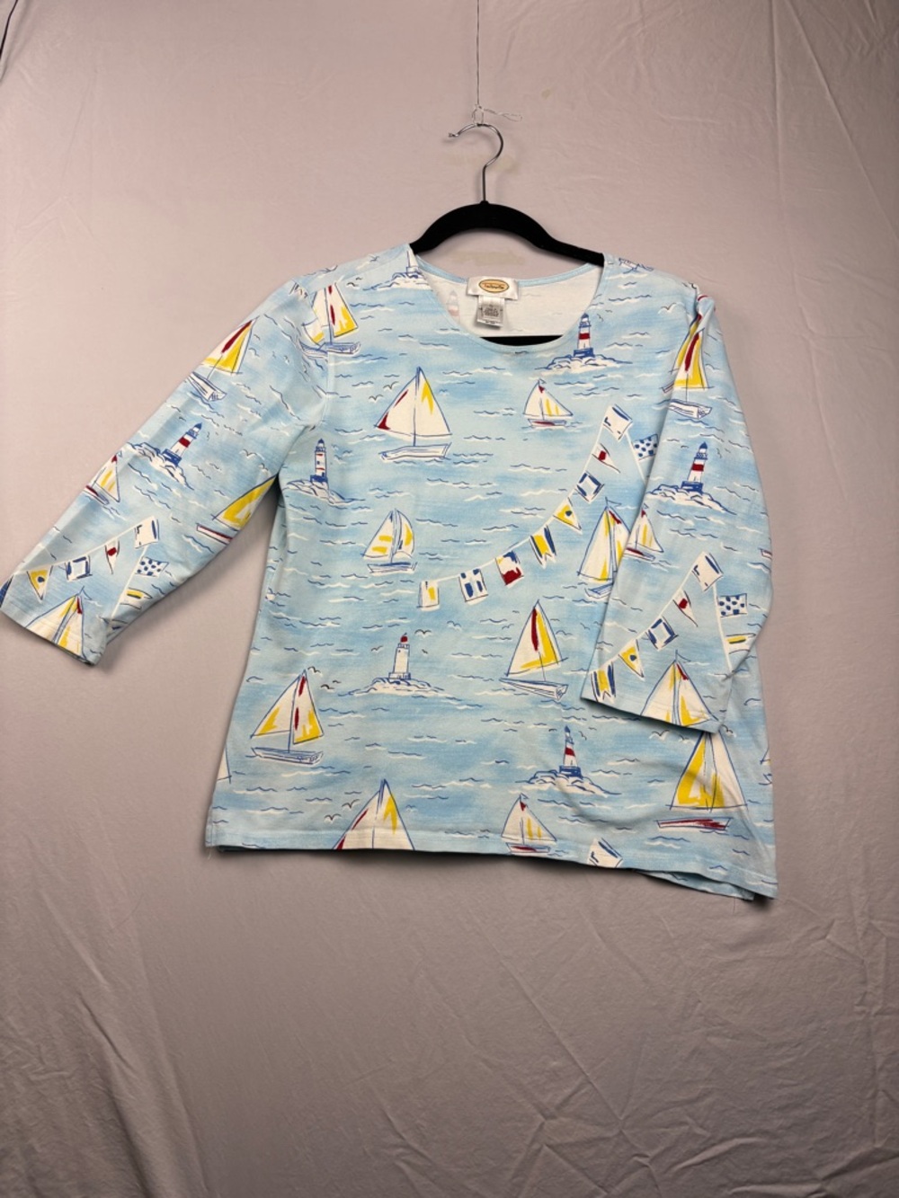 Talbots Women’s Large Nautical Sailboat Print Blue 3/4 Sleeve Cotton Stretch